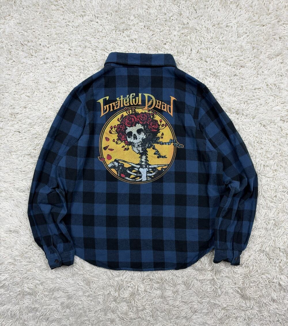Grateful Dead Flannel Shirt Womens L Bertha Skull Roses Blue Black Buffalo Plaid